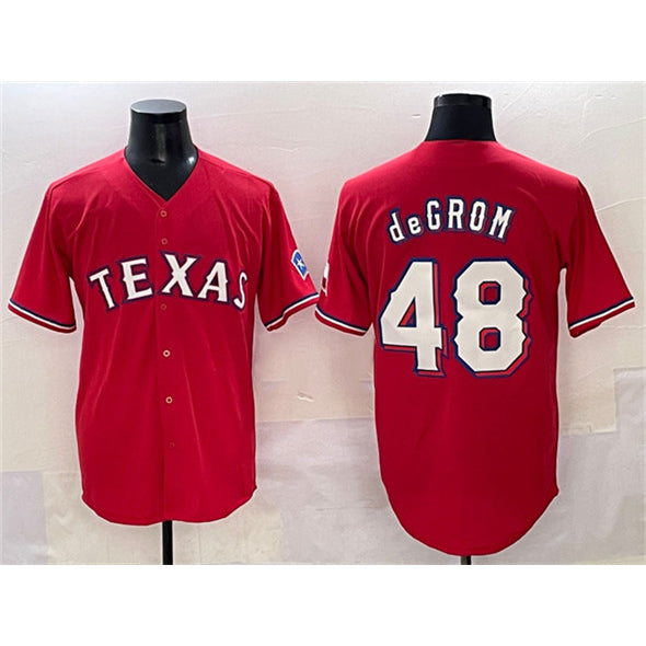 Texas Rangers #48 Jacob deGrom Red MASONITE With Patch Cool Base Stitched Jersey