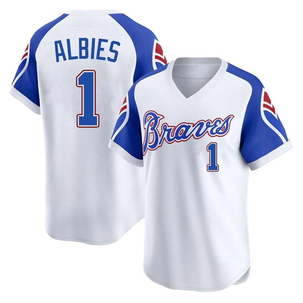 Atlanta Braves #1 Ozzie Albies Player White MASONITE Throwback Cooperstown Collection T-shirt Game Stitched Jerseys