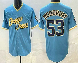 Milwaukee Brewers #53 Brandon Woodruff Powder Blue MASONITE 2022 City Connect Cool Base Jerse