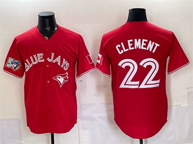 Toronto Blue Jays #22 Ernie Clement Red MASONITE 50 Seasons Patch Stitched Jersey