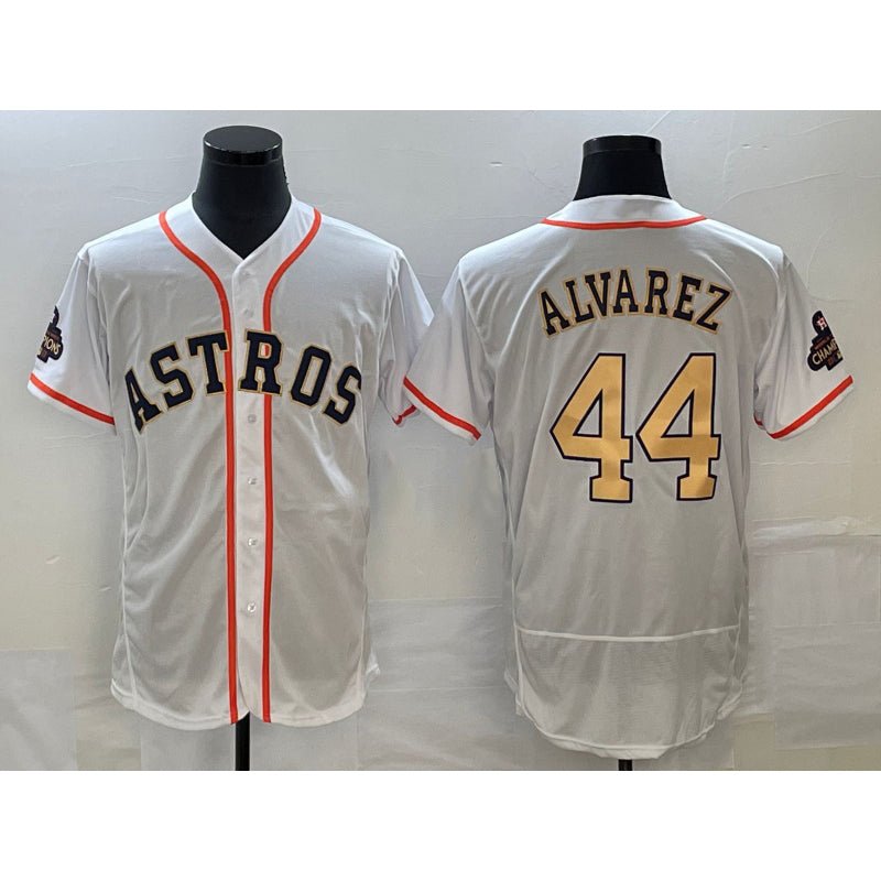Houston Astros #44 Yordan Alvarez 2023 White Gold MASONITE World Serise Champions Patch Flex Base Stitched Jersey