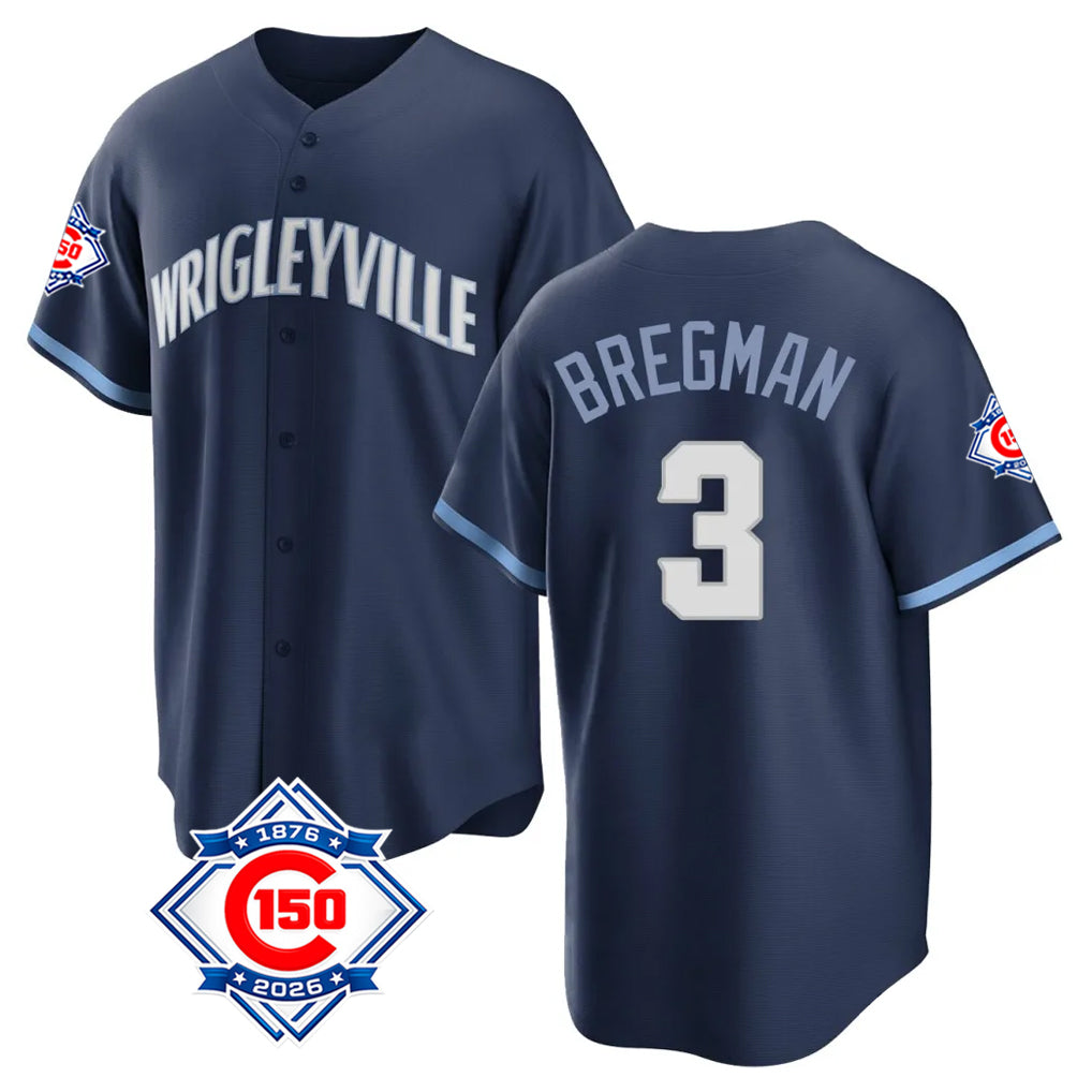 Chicago Cubs #3 Alex Bregman Player Navy MASONITE 150th Anniversary City Connect Home Game Stitched Jerseys