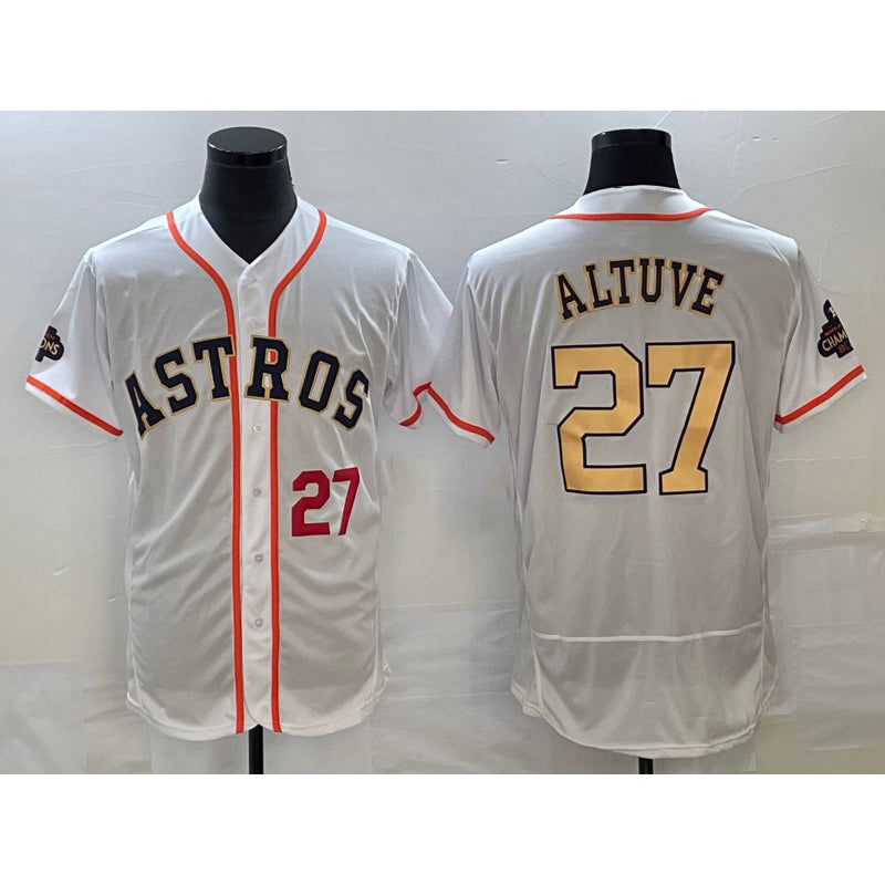 Houston Astros #27 Jose Altuve Number 2023 White MASONITE Gold World Serise Champions Patch Flex Base Stitched Jersey