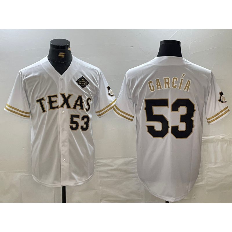 Texas Rangers #53 Adolis Garcia Number White MASONITE Gold Cool Base Stitched Jersey