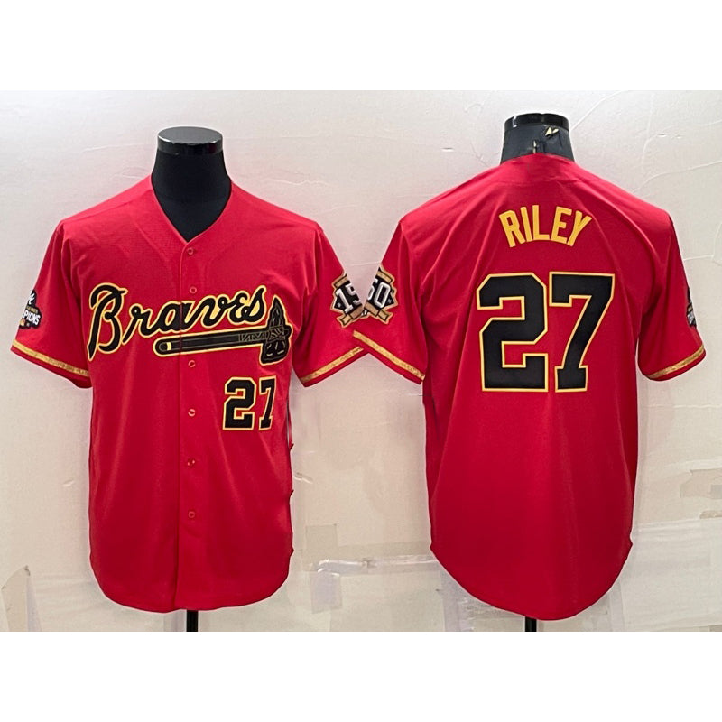 Atlanta Braves #27 Austin Riley Red Gold MASONITE World Series Champions Program Cool Base Stitched Jersey