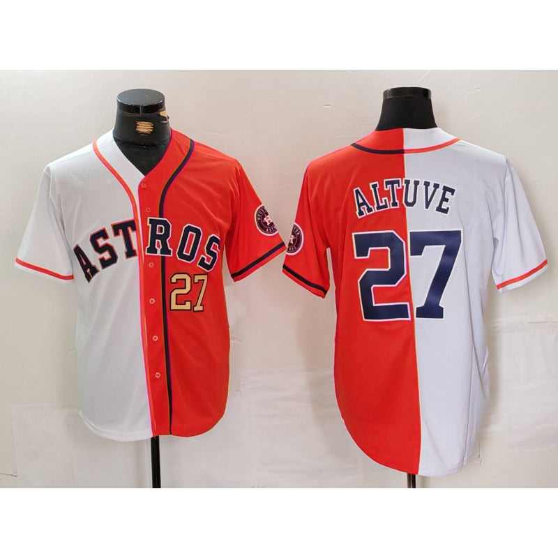 Houston Astros #27 Jose Altuve White Orange MASONITE Blue Number Split Stitched Jerseys