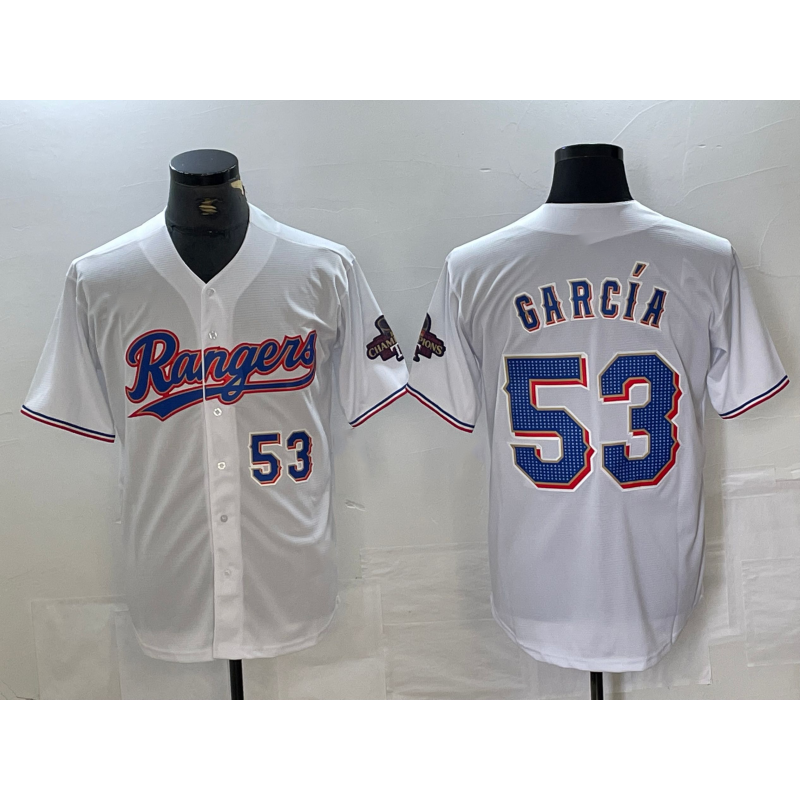 Texas Rangers #53 Adolis Garcia Number White MASONITE 2023 World Series Champions Cool Base Jersey