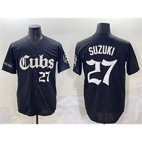 Chicago Cubs #27 Seiya Suzuki Black MASONITE 'Gothic North Side Edition' Vapor Premier Limited Stitched Jersey