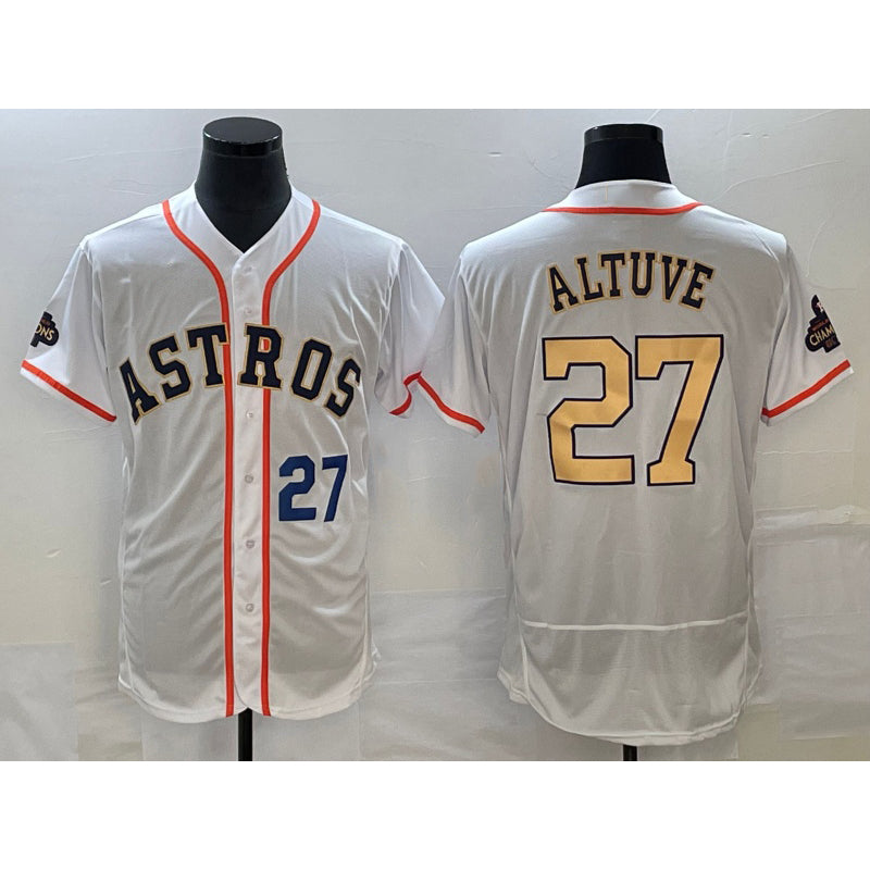 Houston Astros #27 Jose Altuve Number 2023 White MASONITE Gold World Serise Champions Patch Flex Base Stitched Jersey 2