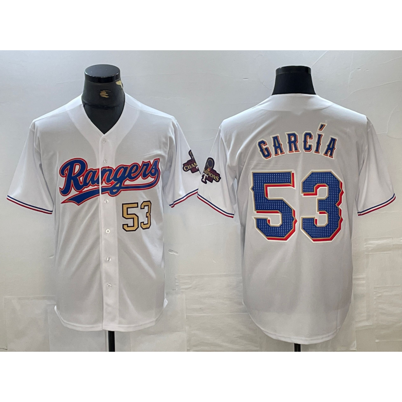 Texas Rangers #53 Adolis Garcia Number White MASONITE 2023 World Series Champions Cool Base Jerseys