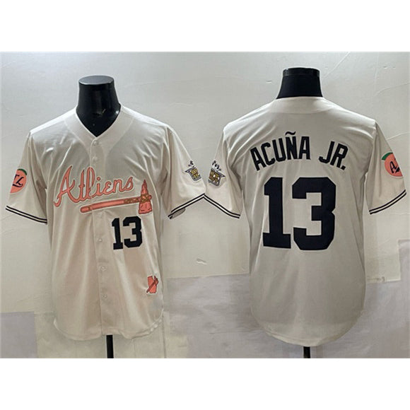 Atlanta Braves #13 Ronald Acuna Jr Cream MASONITE 2024 Atliens & Peach With Outkast Patch Vapor Limited Stitched Jersey