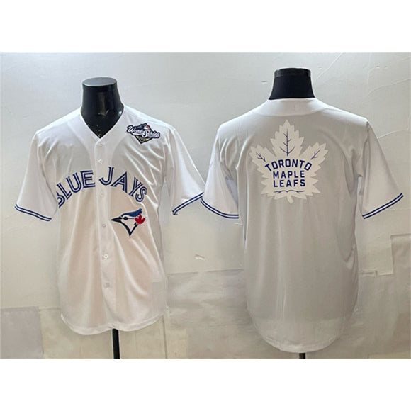 Toronto Blue Jays & Leafs White MASONITE 2025 World Series With White Leafs Logo Cool Base Stitched Jersey