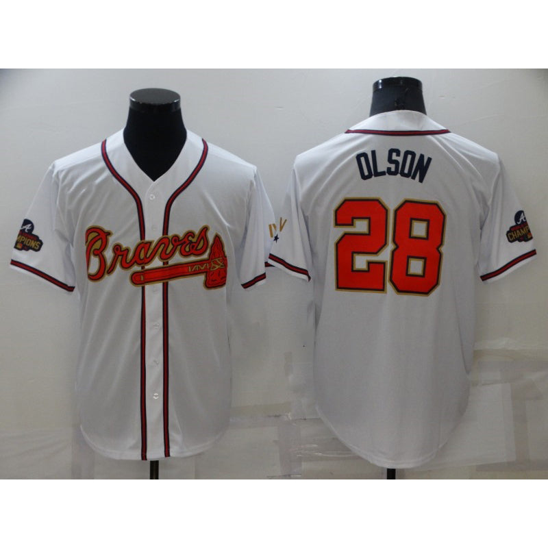 Atlanta Braves #28 Matt Olson 2022 White Gold MASONITE World Series Champions Program Cool Base Stitched Jersey