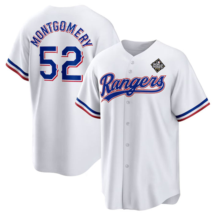 Texas Rangers #52 Jordan Montgomery White MASONITE 2023 World Series Stitched Jersey