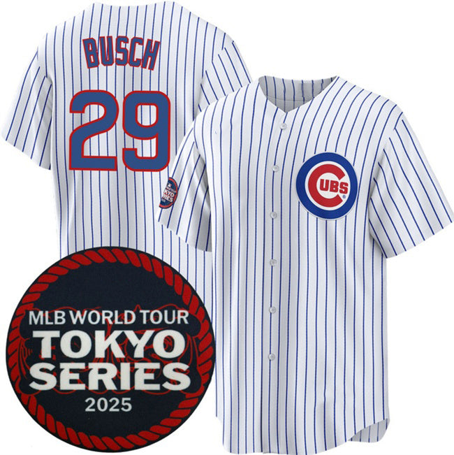 Chicago Cubs #29 Michael Busch White MASONITE 2025 World Tour Tokyo Series Home Stitched Jersey