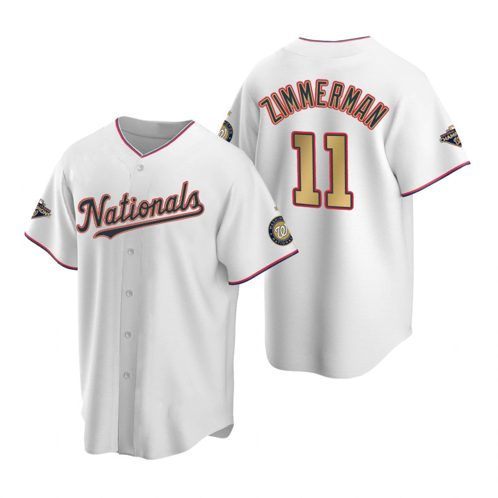 Washington Nationals #11 Ryan Zimmerman White Gold MASONITE 2019 World Series Champions Stitched Cool Base Jersey