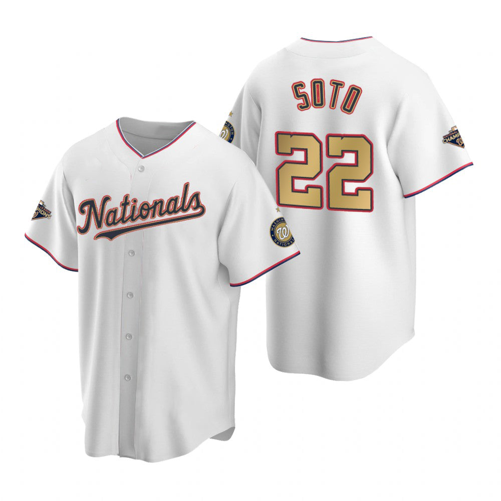Washington Nationals #22 Juan Soto White Gold MASONITE 2019 World Series Champions Stitched Cool Base Jersey