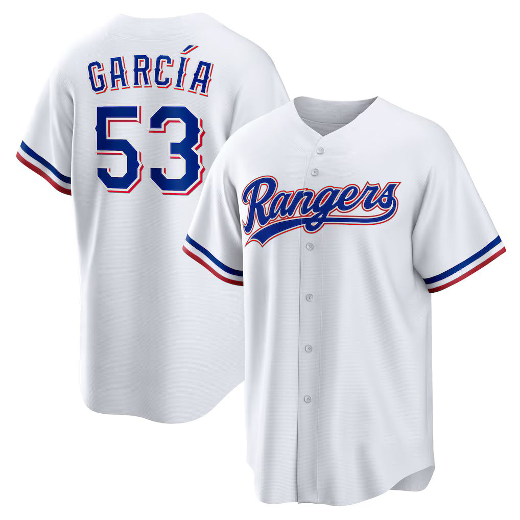 Texas Rangers #53 Adolis Garcia White MASONITE Home Replica Jersey