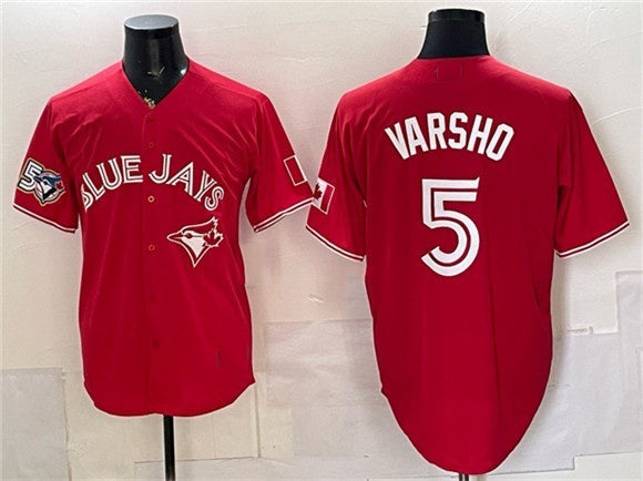 Toronto Blue Jays #5 Daulton Varsho Red MASONITE 50 Seasons Patch Stitched Jersey