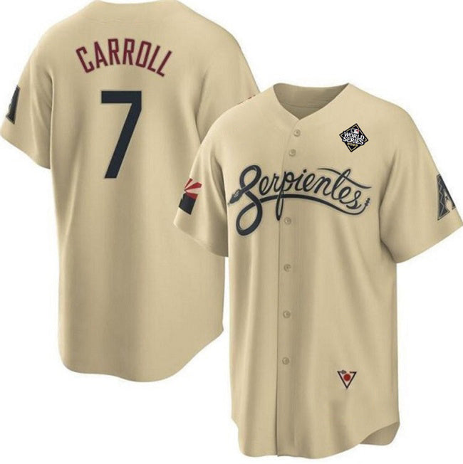 Arizona Diamondbacks #7 Corbin Carroll Gold MASONITE 2023 World Series City Connect Cool Base Stitched Jersey
