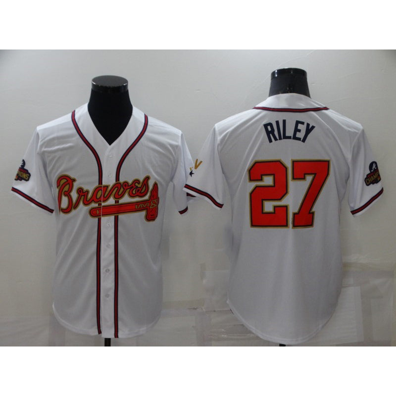 Atlanta Braves #27 Austin Riley 2022 White Gold MASONITE World Series Champions Program Cool Base Stitched Jersey