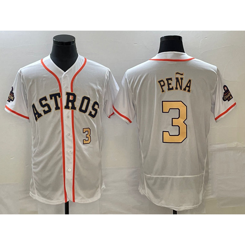 Houston Astros #3 Jeremy Pena Number 2023 White Gold MASONITE World Serise Champions Patch Flex Base Stitched Jersey 2