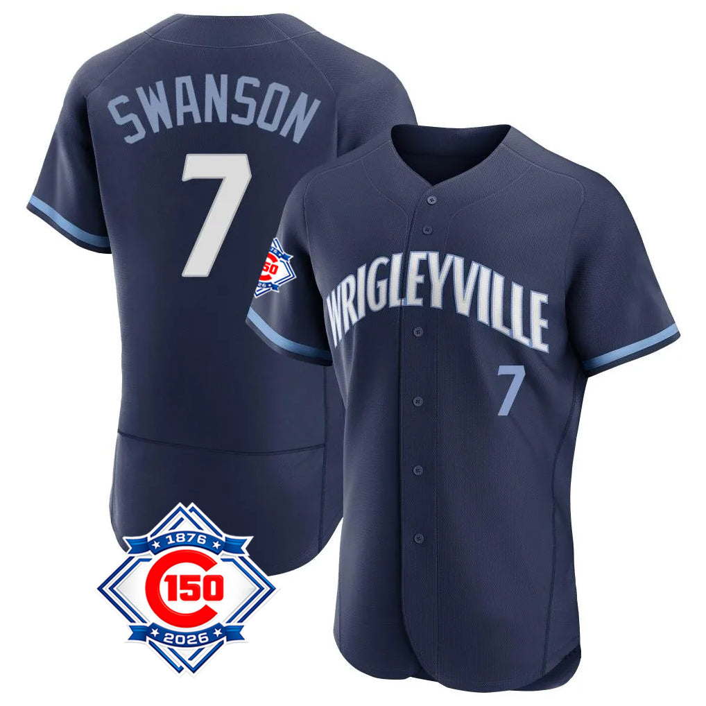 Chicago Cubs #7 Dansby Swanson Player Navy MASONITE City Connect 150th Anniversary Limited Elite Home Stitched Jerseys