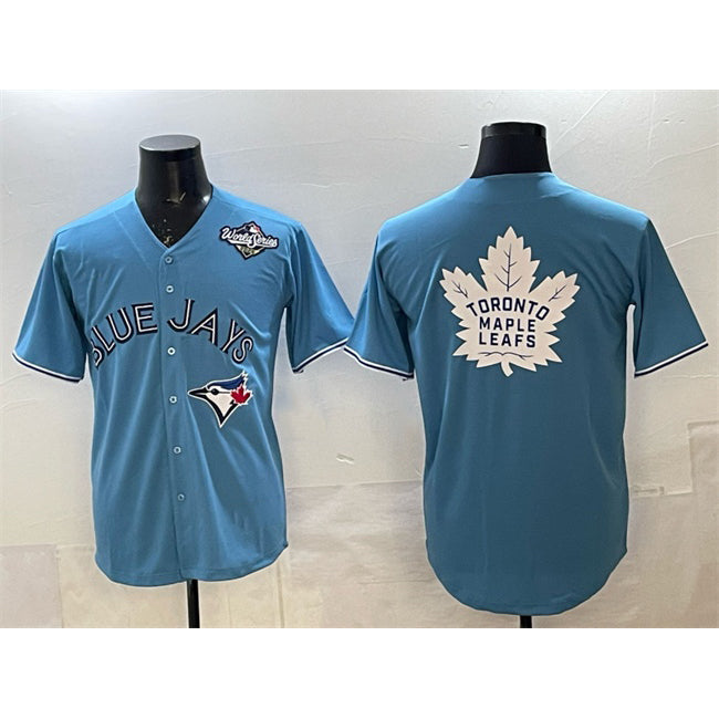 Toronto Blue Jays & Leafs Blue MASONITE 2025 World Series With White Leafs Logo Cool Base Stitched Jersey
