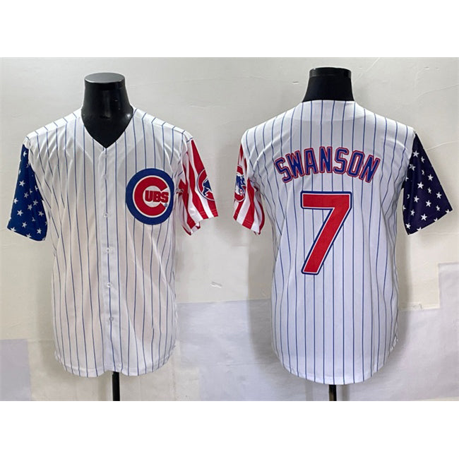 Chicago Cubs #7 Dansby Swanson White MASONITE Pinstripe 2025 Independence Day Vapor Premier Limited Stitched Jersey