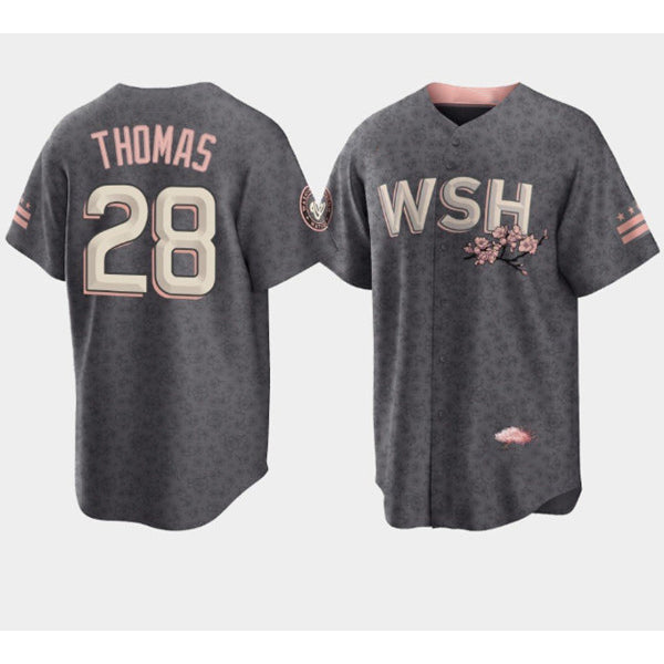 Washington Nationals #28 Lane Thomas 2022 Grey MASONITE City Connect Cherry Blossom Cool Base Stitched Jersey