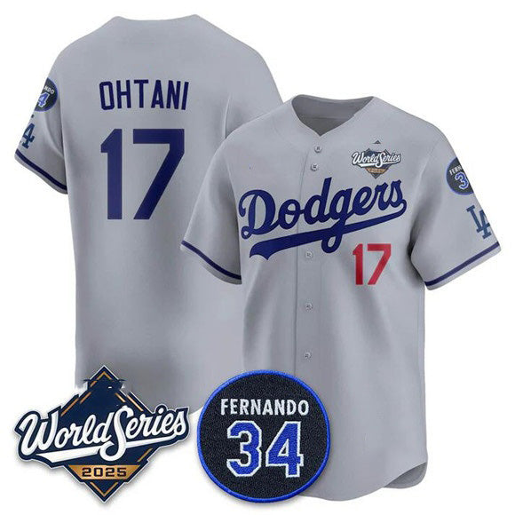 Los Angeles Dodgers #17 Shohei Ohtani Gray MASONITE 2025 World Series With No. 34 Patch Limited Stitched Jersey