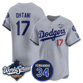 Los Angeles Dodgers #17 Shohei Ohtani Gray MASONITE 2025 World Series With No. 34 Patch Limited Stitched Jersey