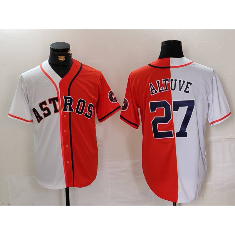 Houston Astros #27 Jose Altuve White Orange MASONITE Blue Number Split Stitched Jersey 2