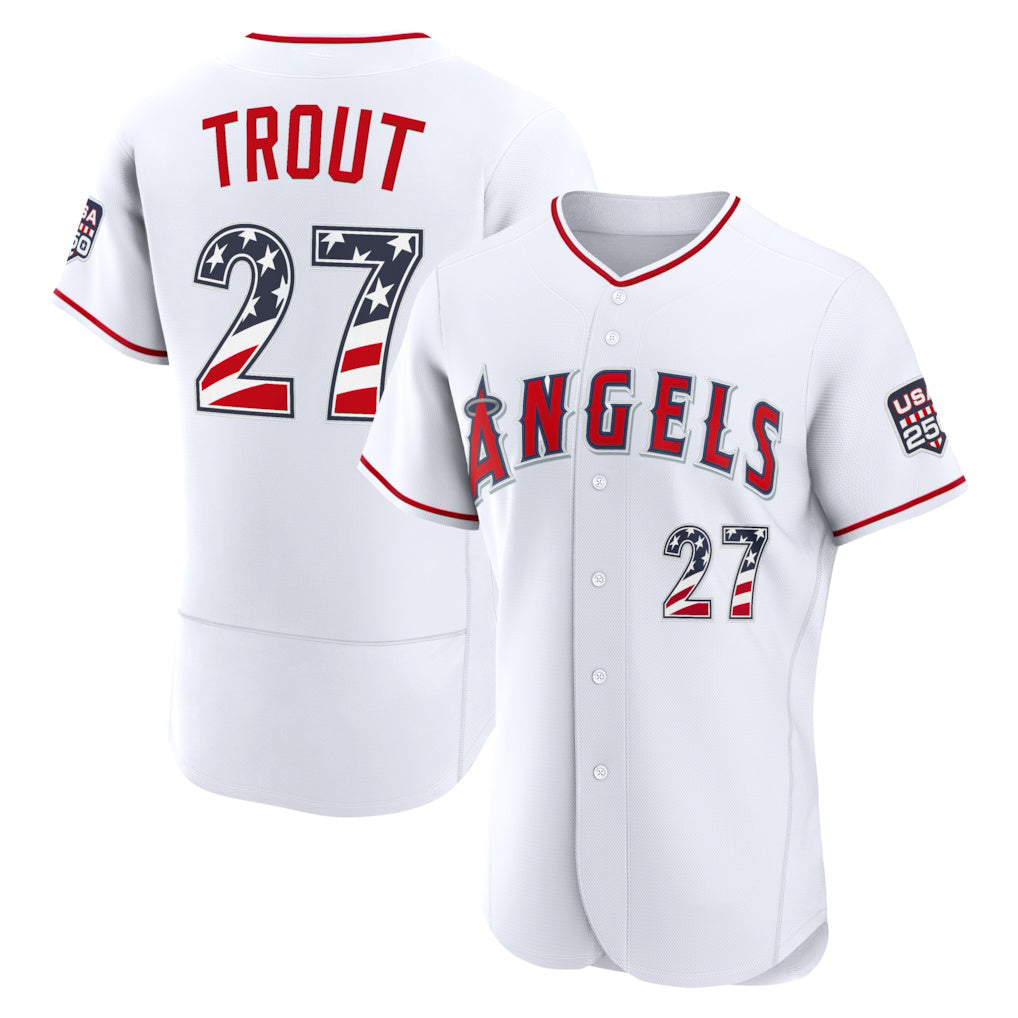 Los Angeles Angels #27 Mike Trout USA 250 Fourth of July Home Authentic Jersey - White MASONITE