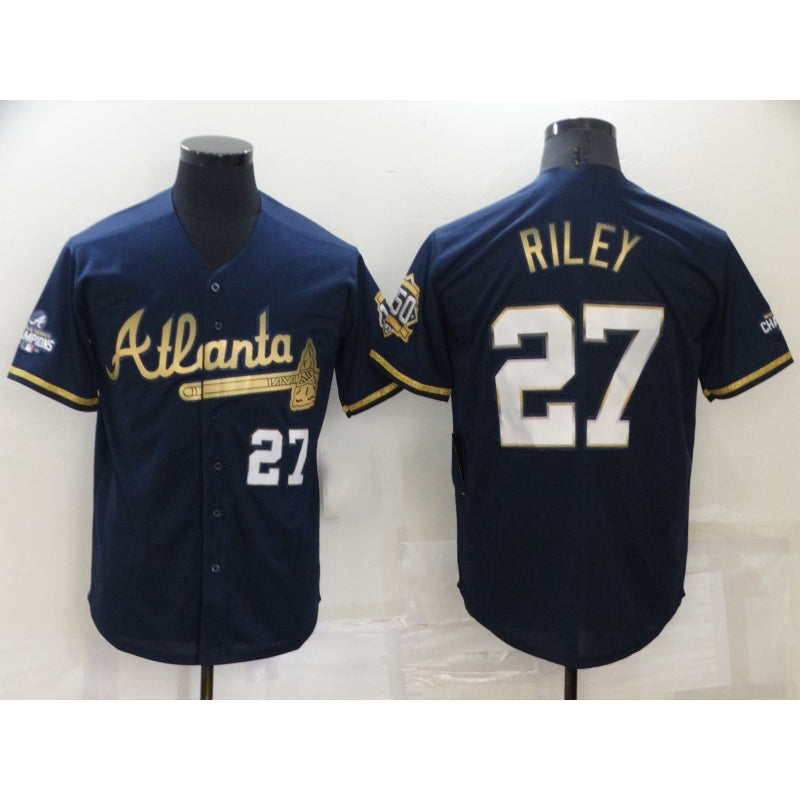 Atlanta Braves #27 Austin Riley 2022 Navy Blue MASONITE 2021 World Series Champions Golden Edition Stitched Cool Base Jersey