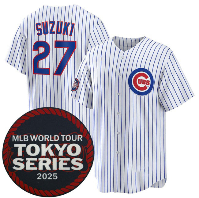 Chicago Cubs #27 Seiya Suzuki White MASONITE 2025 World Tour Tokyo Series Home Stitched Jersey