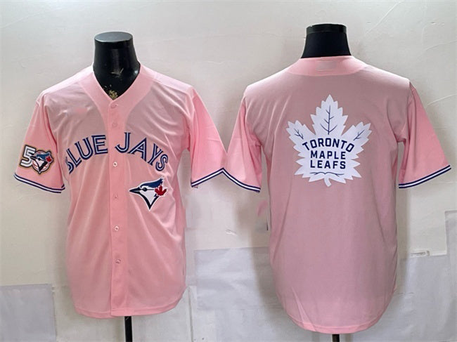 Toronto Blue Jays & Leafs With White MASONITE Leafs Logo Pink 50 Seasons Patch Stitched Jersey