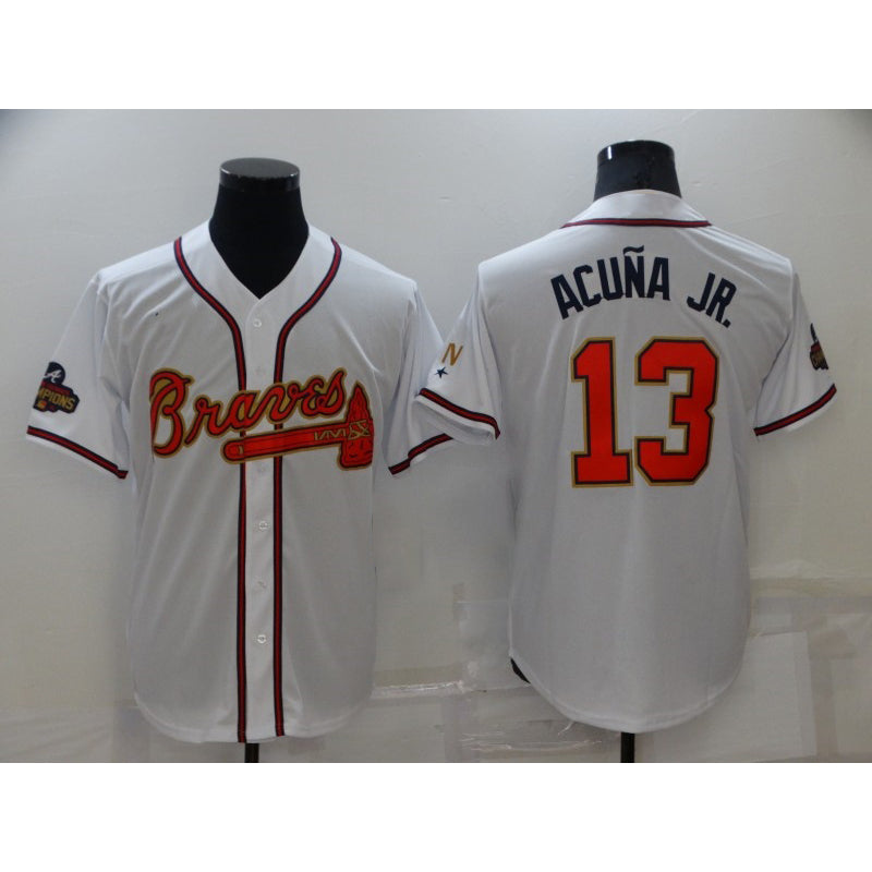 Atlanta Braves #13 Ronald Acuna Jr 2022 White Gold MASONITE World Series Champions Program Cool Base Stitched Jersey