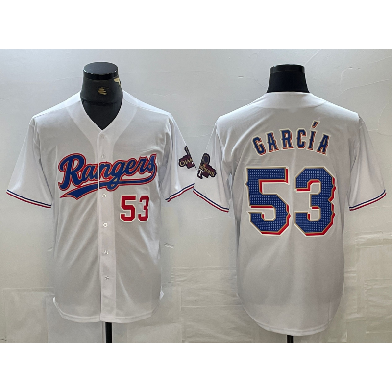 Texas Rangers #53 Adolis Garcia Number White MASONITE 2023 World Series Champions Cool Base Jersey 2