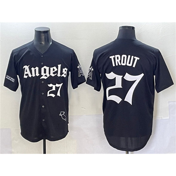 Los Angeles Angels #27 Mike Trout Black MASONITE 'Gothic Halo Edition' Vapor Limited Stitched Jersey
