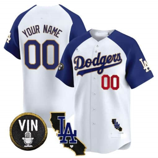 Custom Los Angeles Dodgers Vin & California Patch Gold Trim Vapor Premier Limited Jersey ¨C White 2 MASONITE