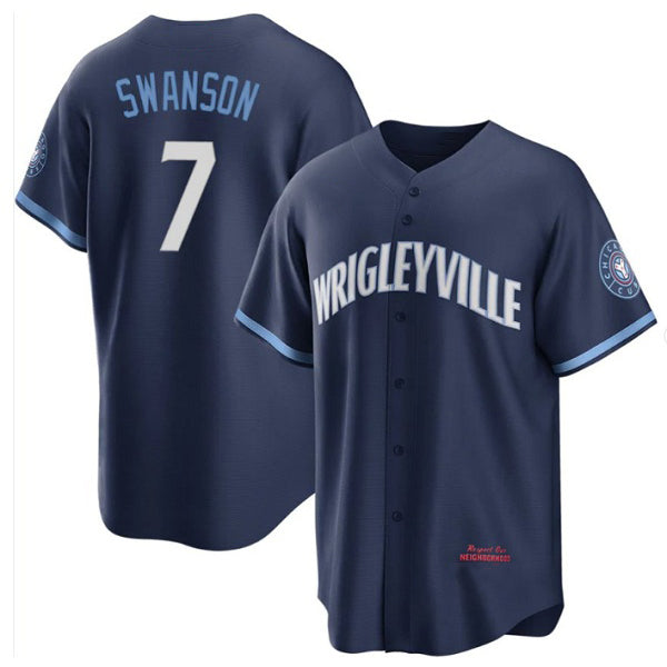Chicago Cubs #7 Dansby Swanson Navy MASONITE City Connect Cool Base Stitched Jersey