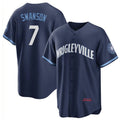 Chicago Cubs #7 Dansby Swanson Navy MASONITE City Connect Cool Base Stitched Jersey