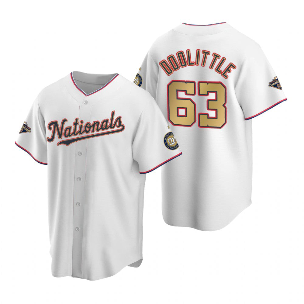 Washington Nationals #63 Sean Doolittle White Gold MASONITE 2019 World Series Champions Stitched Cool Base Jersey