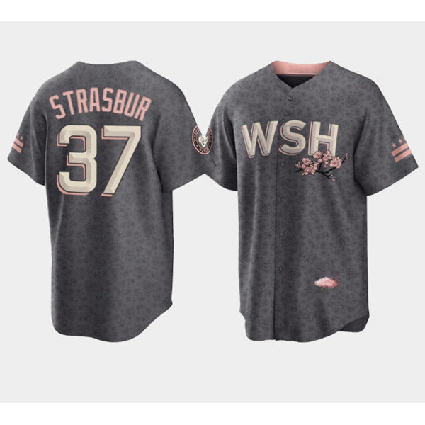 Washington Nationals #37 Stephen Strasburg 2022 Grey MASONITE City Connect Cherry Blossom Cool Base Stitched Jersey