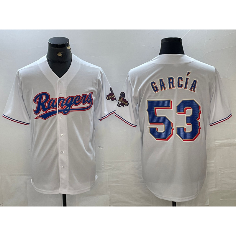 Texas Rangers #53 Adolis Garcia White MASONITE 2023 World Series Champions Cool Base Jersey