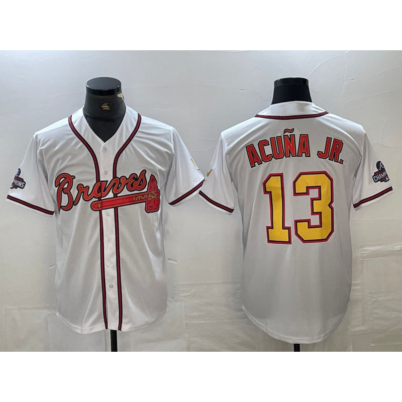 Atlanta Braves #13 Ronald Acuna Jr White Gold MASONITE 2021 World Series Champions Stitched Cool Base Jersey