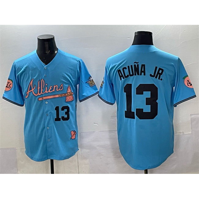 Atlanta Braves #13 Ronald Acuna Jr. Blue MASONITE 2024 Atliens & Peach With Outkast Patch Vapor Limited Stitched Jersey