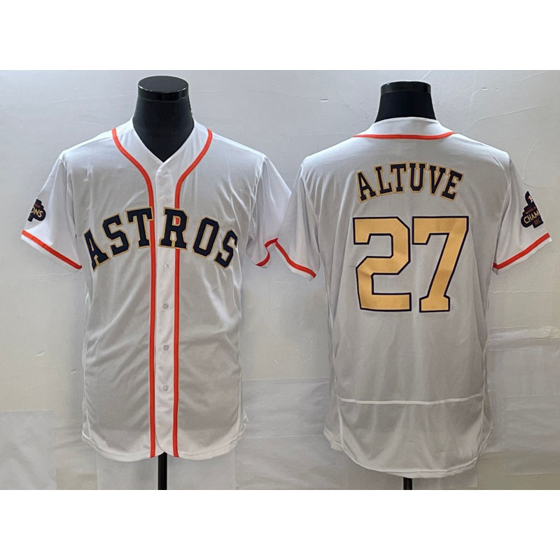 Houston Astros #27 Jose Altuve 2023 White Gold MASONITE World Serise Champions Patch Flex Base Stitched Jersey