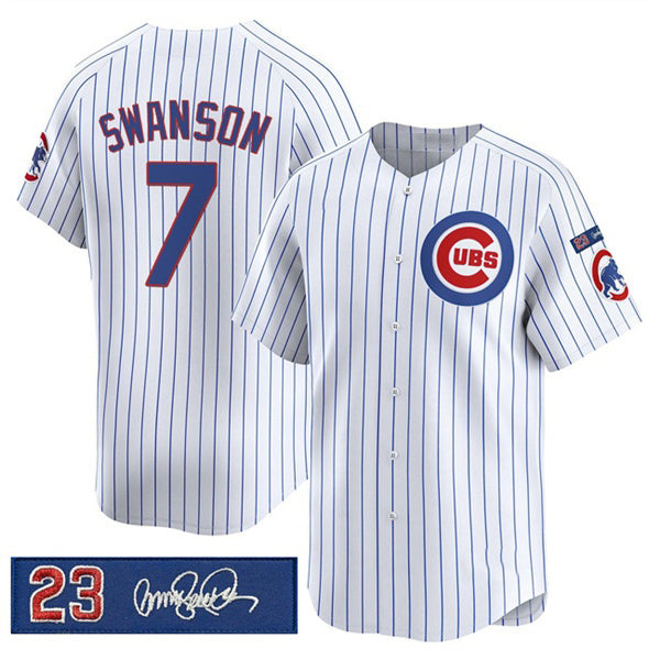 Chicago Cubs #7 Dansby Swanson White MASONITE Pinstripe 'Ryne Sandberg Tribute' Vapor Limited V3 Stitched Jersey
